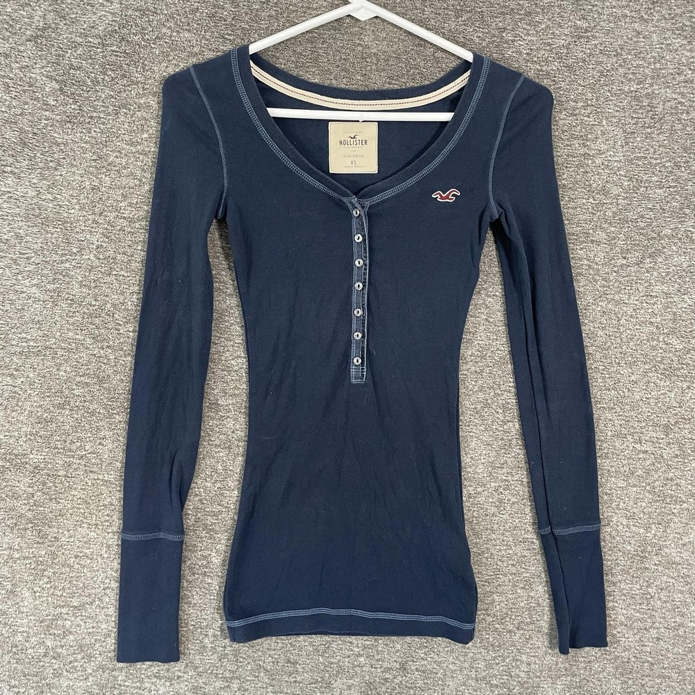 Y2K Hollister Henley Long Sleeve Sz XS Navy Bella Swan Coquette Elena Gilbert